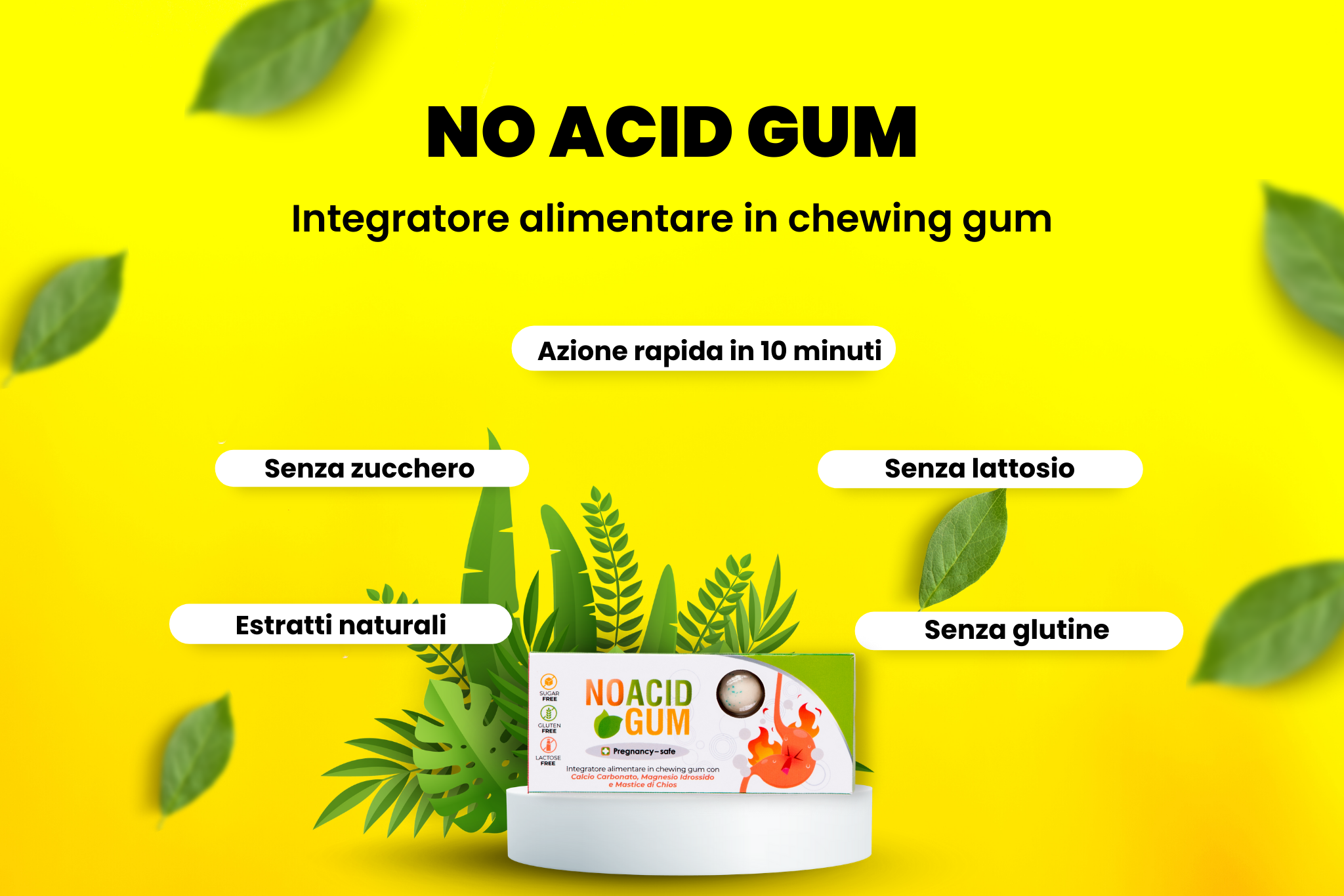 Grafica che unisce l'immagine di No Acid Gum a recensioni positive da parte degli utenti, evidenziando l'efficacia nel contrastare acidità, reflusso e bruciore di stomaco, rendendolo un prodotto apprezzato da chi cerca soluzioni naturali.