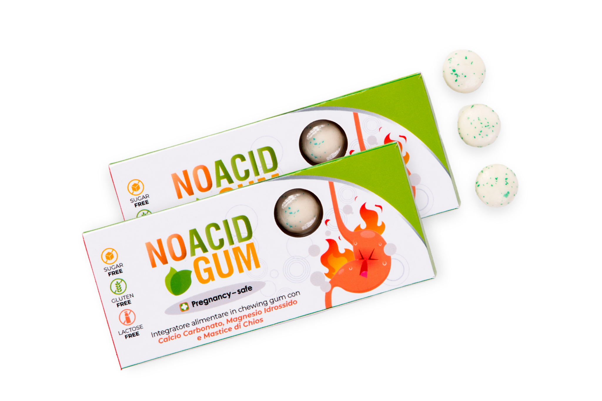 Confezione di No Acid Gum, integratore in gomme masticabili per ridurre acidità e bruciore di stomaco, contrastare il reflusso gastrico e favorire la digestione. Adatto in gravidanza e allattamento, con evidenza degli estratti naturali utilizzati