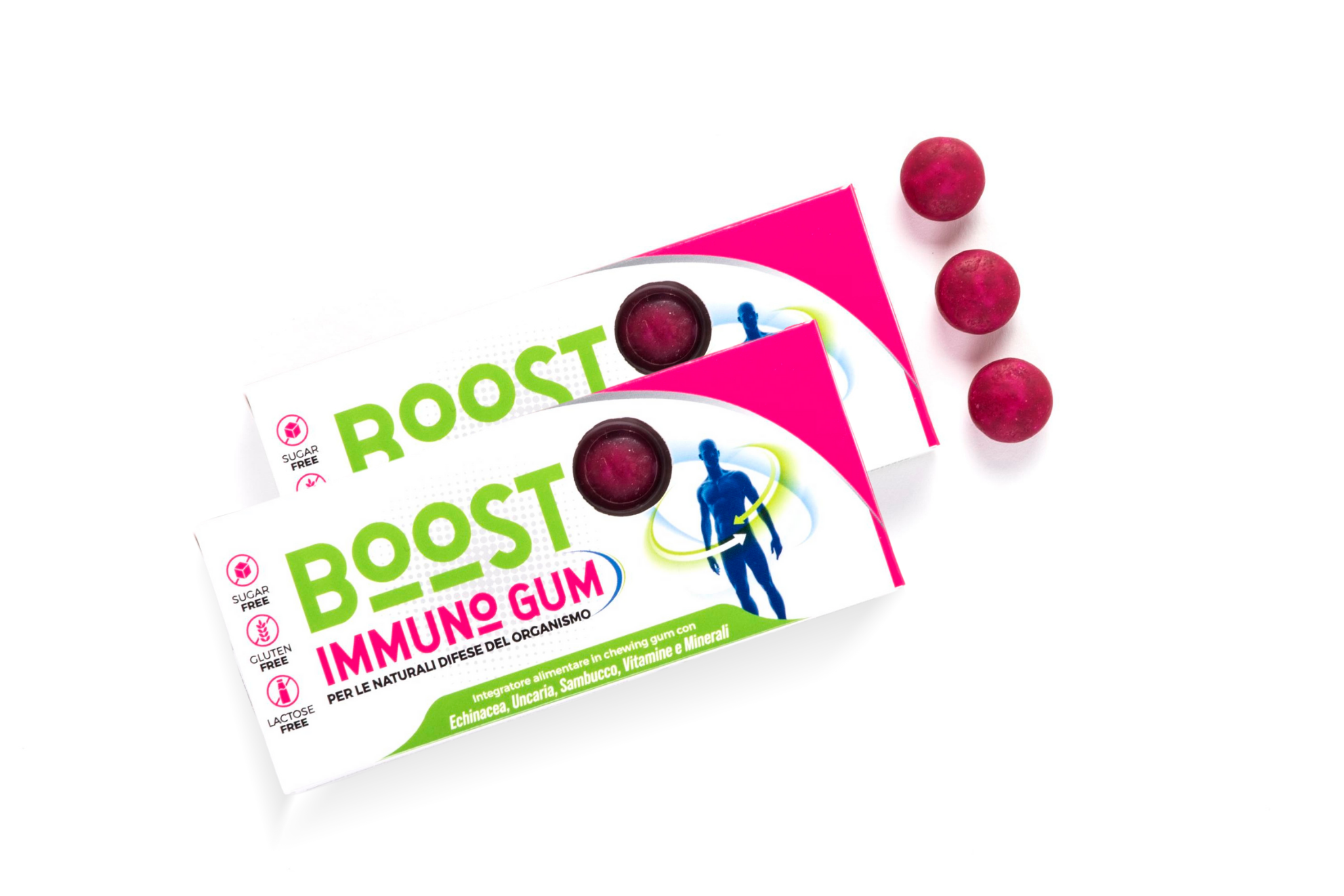 Confezione di BOOST IMMUNO GUM, integratore alimentare in chewing gum, ricco di Echinacea, Uncaria, Sambuco, Vitamine del gruppo B, Zinco e Selenio per il sostegno del sistema immunitario.