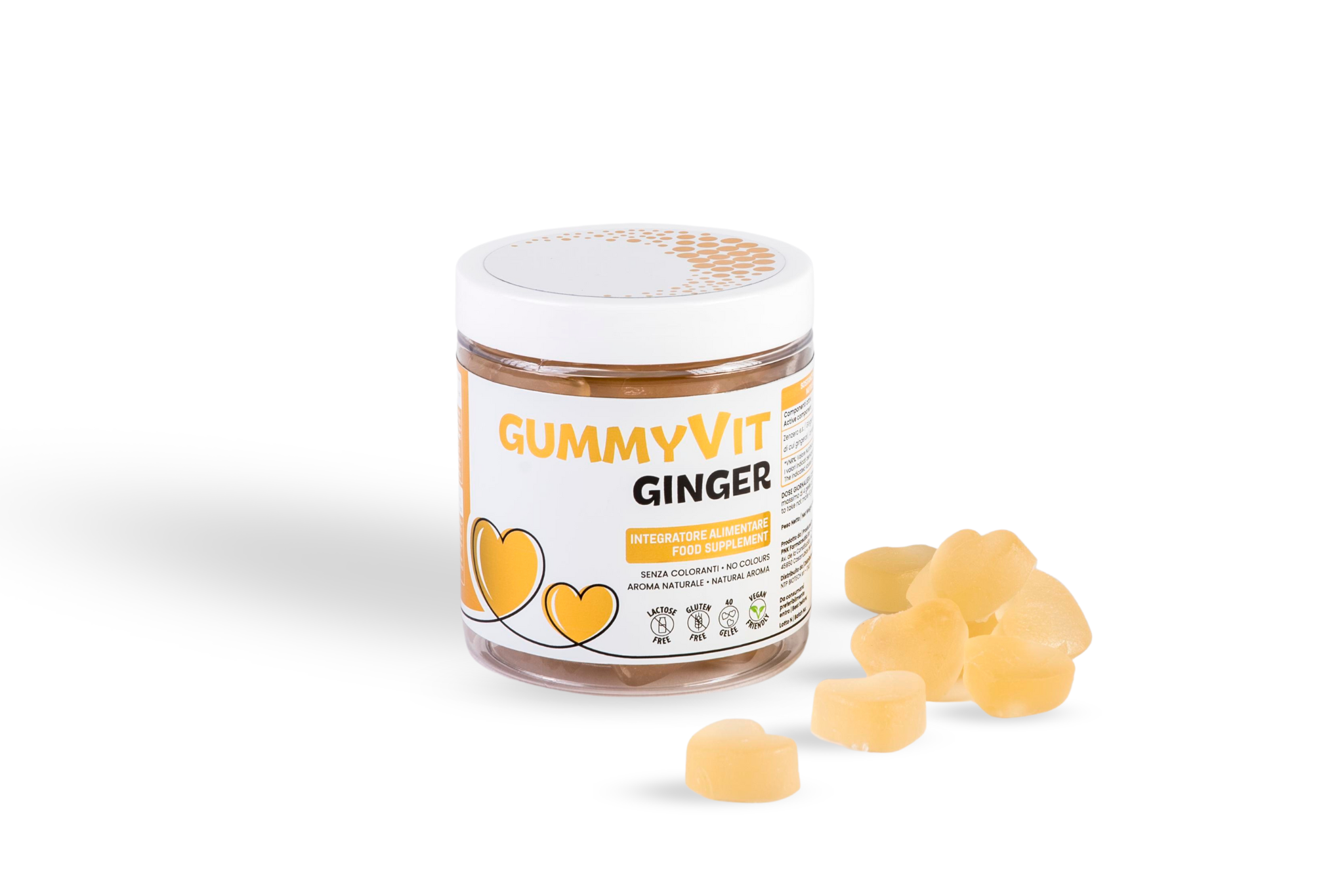 Confezione di Gummyvit Ginger, gomme masticabili arricchite con Zenzero per migliorare la digestione e ridurre i gas in eccesso, mostrando il logo di NTP BIOTECH e l'immagine dello Zenzero
