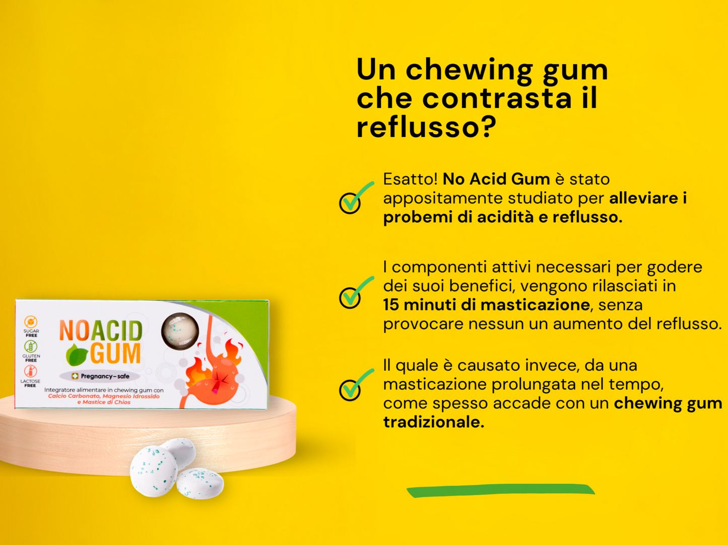 Immagine illustrativa che rappresenta l'utilizzo di No Acid Gum in momenti di bisogno, come dopo i pasti o in situazioni di disagio da acidità, sottolineando come queste gomme masticabili contribuiscano al benessere digestivo quotidiano